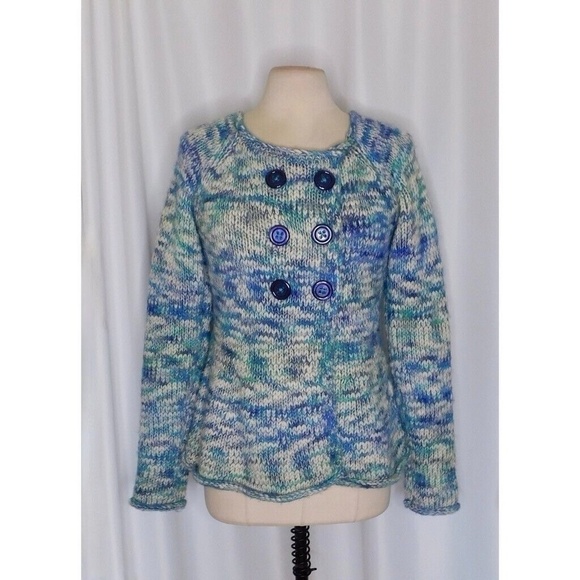 Anthropologie SLEEPING ON SNOW Blue Marled Double Breasted Cardigan Sweater Med - Picture 3 of 11